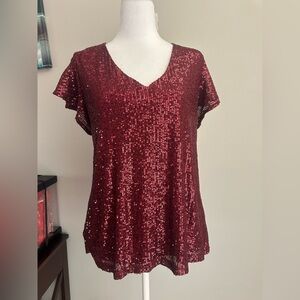 The Limited Women Sequins Top Wine Metallic Elegant Party Blouse Short Sleeve L